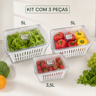 Kit Organizadores de Geladeira – 2x 5L + 1x 3,5L Acrílico com Drenagem e Vedação