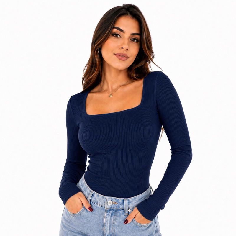 Detalhes do kit 2 Blusas Feminina Decote Quadrado Manga Longa Canelda Elegante Algodão Moda Inverno Segunda Pele