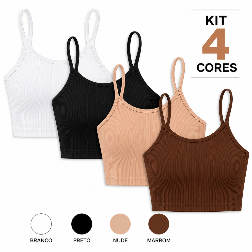 Kit 4 Top Cropped Feminino Canelado Alcinha Academia Fitness Confortável