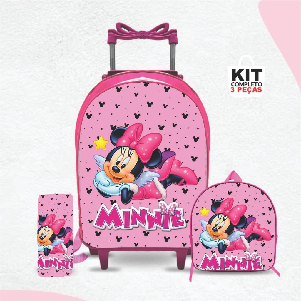 kit mochila escolar minie  com lancheira e Estojo - Carrinho com Rodinhas - Menina -Feminino