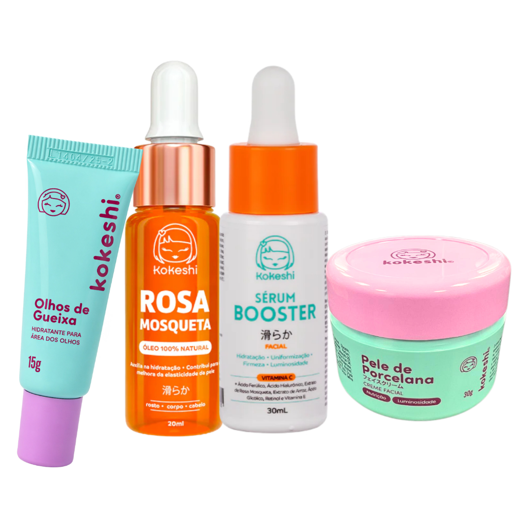 Kit 4 Renovadores Kokeshi Vitamina C Rosa Mosquesta Pele Porcelana Olhos de Gueixa