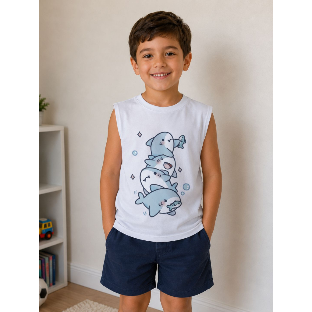 Camiseta Regata Infantil Branca Estampa Tubarão Kawaii Menino 100% Algodão Confortável Casual Verão