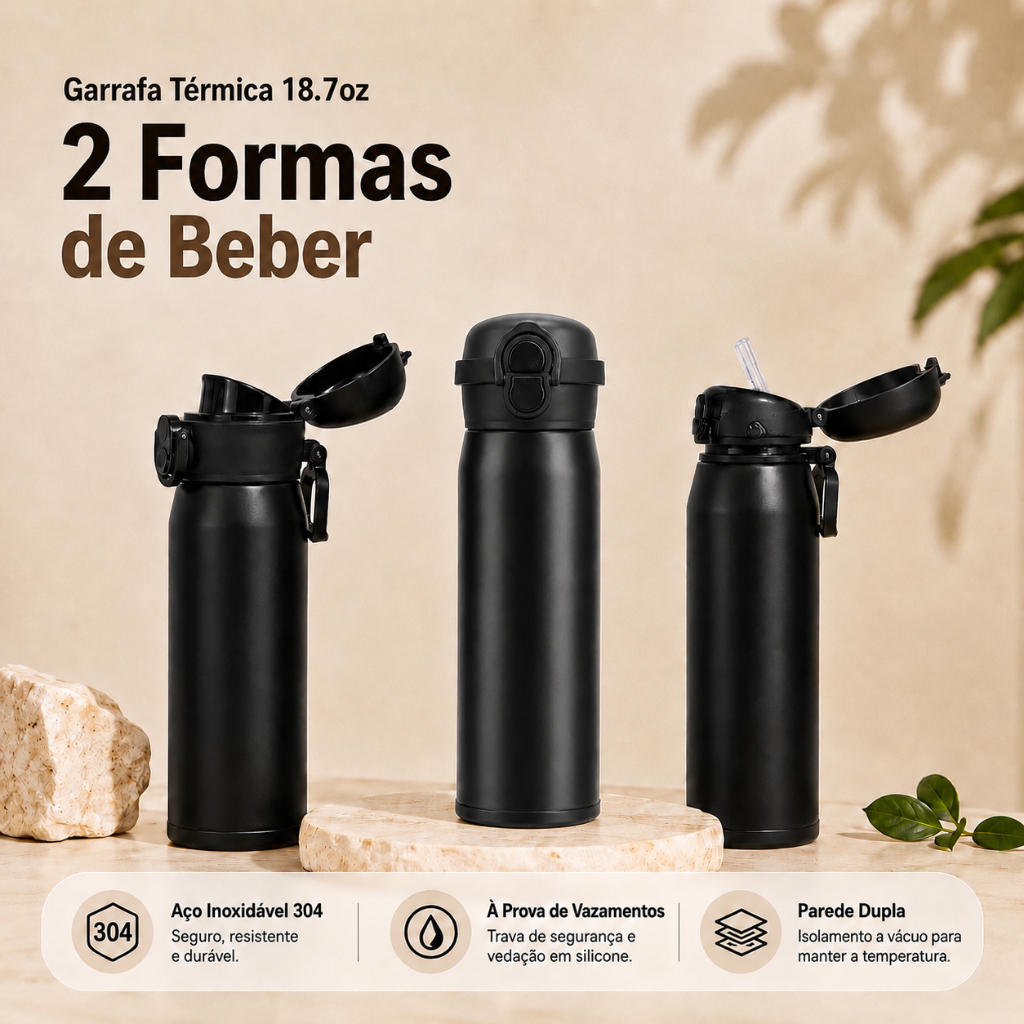 Garrafa Inox Térmica 500ML 17oz 2 Formas de Beber COPA ISOLANTE COM MÃO Garrafa Térmica Alça Academia Inox