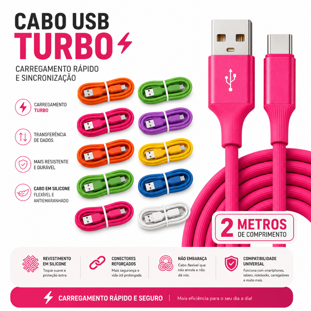 Cabo Usb Tipo C 2 Metros Silicone Resistente Colorido Carregamento Rápido