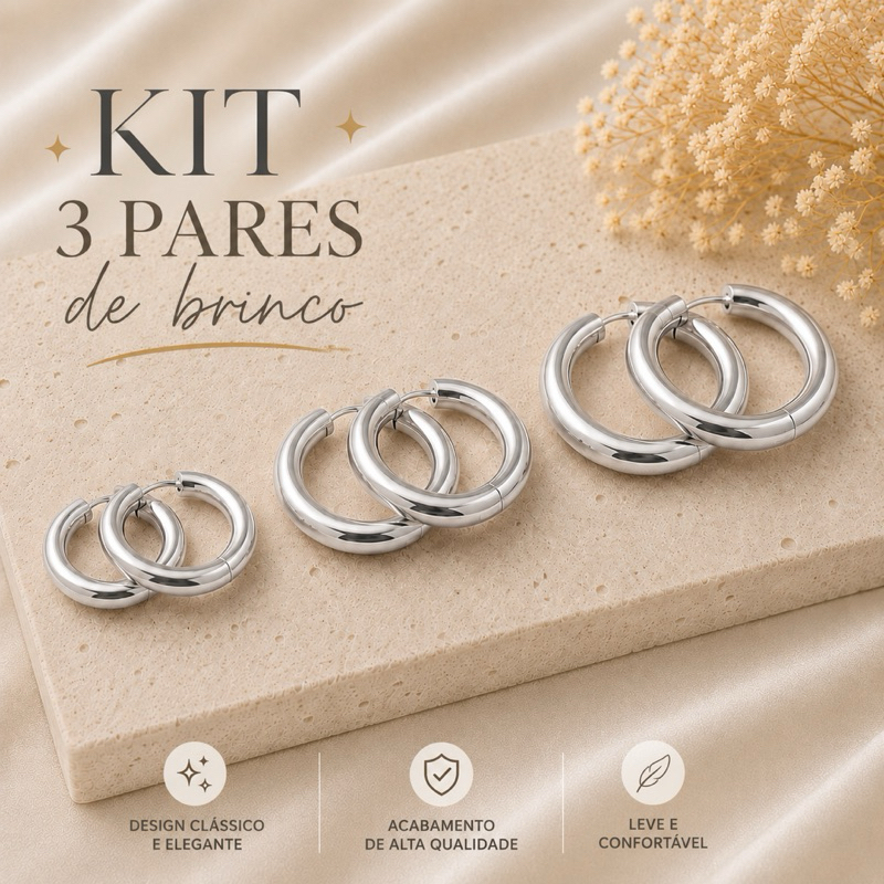 Trio Brincos Argola Aço Inoxidável 316L | Prata Três Pares na Cartela, Formato arredondado