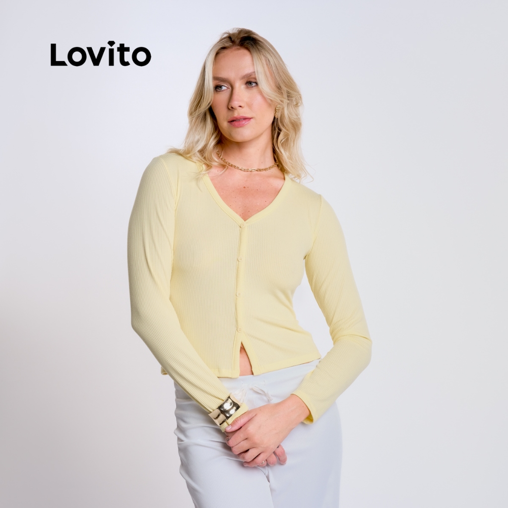 Lovito Blusa Manga Longa Ribana com Botoes Moda Feminina BRBLB19331963