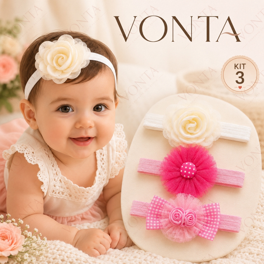 Kit 3 Faixas de Cabelo Bebê Menina Tiara Elástica Laço Flor Recém-nascida 0 a 12 Meses VONTA