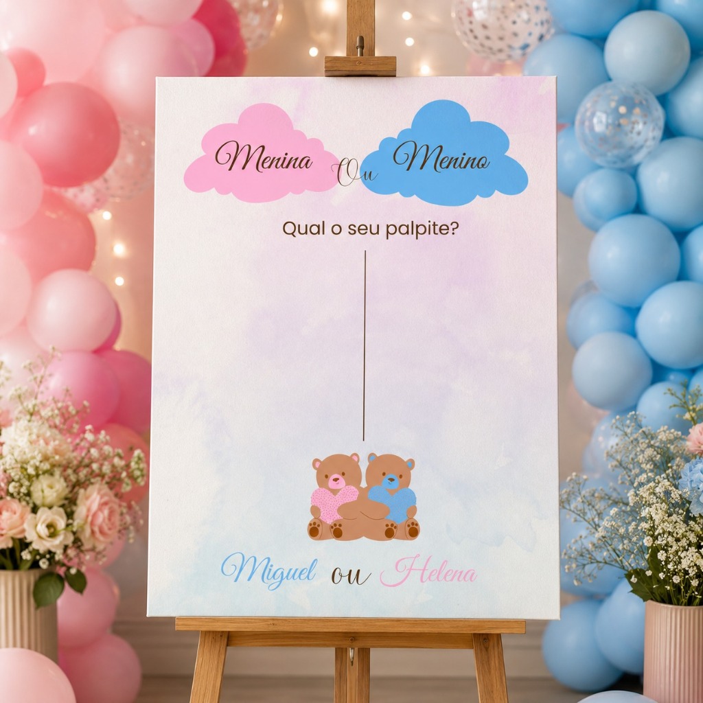 Quadro Decorativo Chá Revelação Ursinho Menina ou Menino MDF