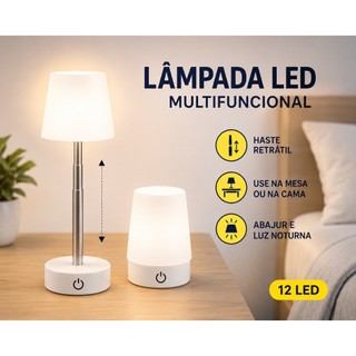 Abajur LED Recarregável Retrátil USB Ajustável Para Mesa Cabeceira Quarto