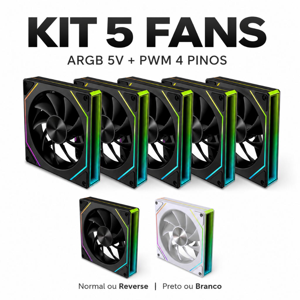 Kit 5 Cooler Fan ARGB Prism Pro 6 120mm 5V 3 Pinos PWM 4 Pinos Normal/Reverse Preto ou Branco