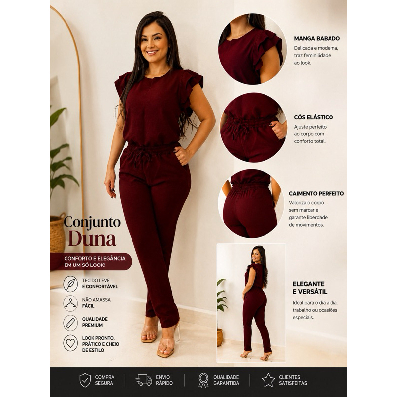 Conjunto Duna Feminino PREMIUM Manga Com Babado Calça Com Elástico Elegante  e Confortável Pra Qualquer Ocasiões.