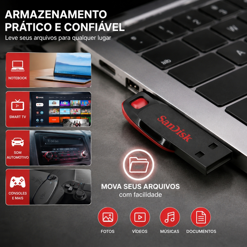 Pen Drive SanDisk Cruzer Blade 128GB USB Flash Drive Compacto para Arquivos Fotos Vídeos