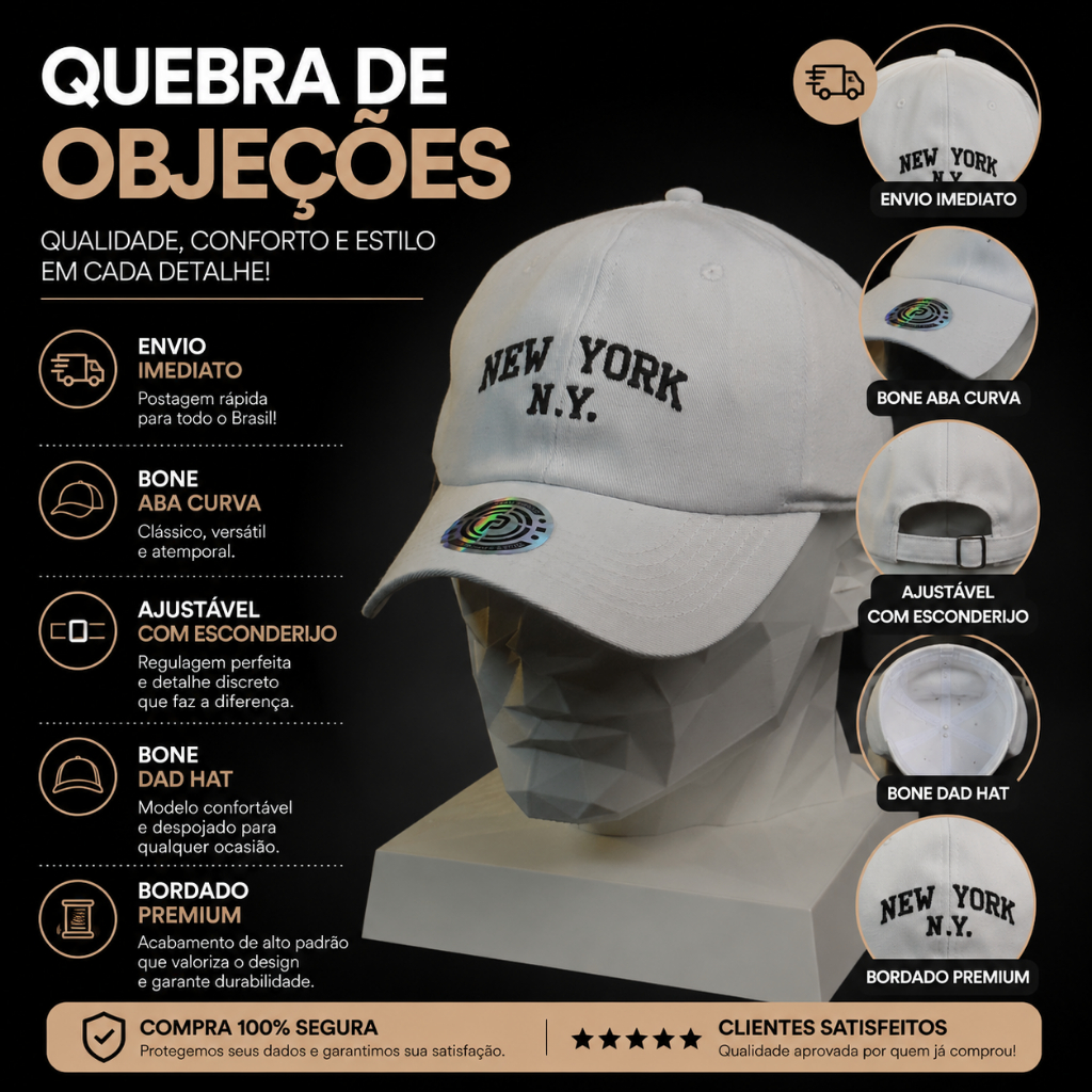 Boné New York Dad Hat Aba Curva Ajustável Fitão Unissex Masculino Feminino