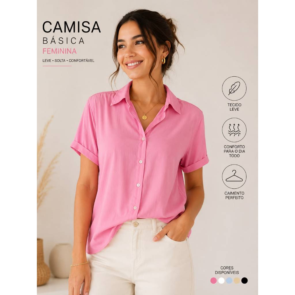 Camisa Feminina Ano Novo Diversas Cores Manga Curta Verão Praia Slim Fit Premium Qualidade