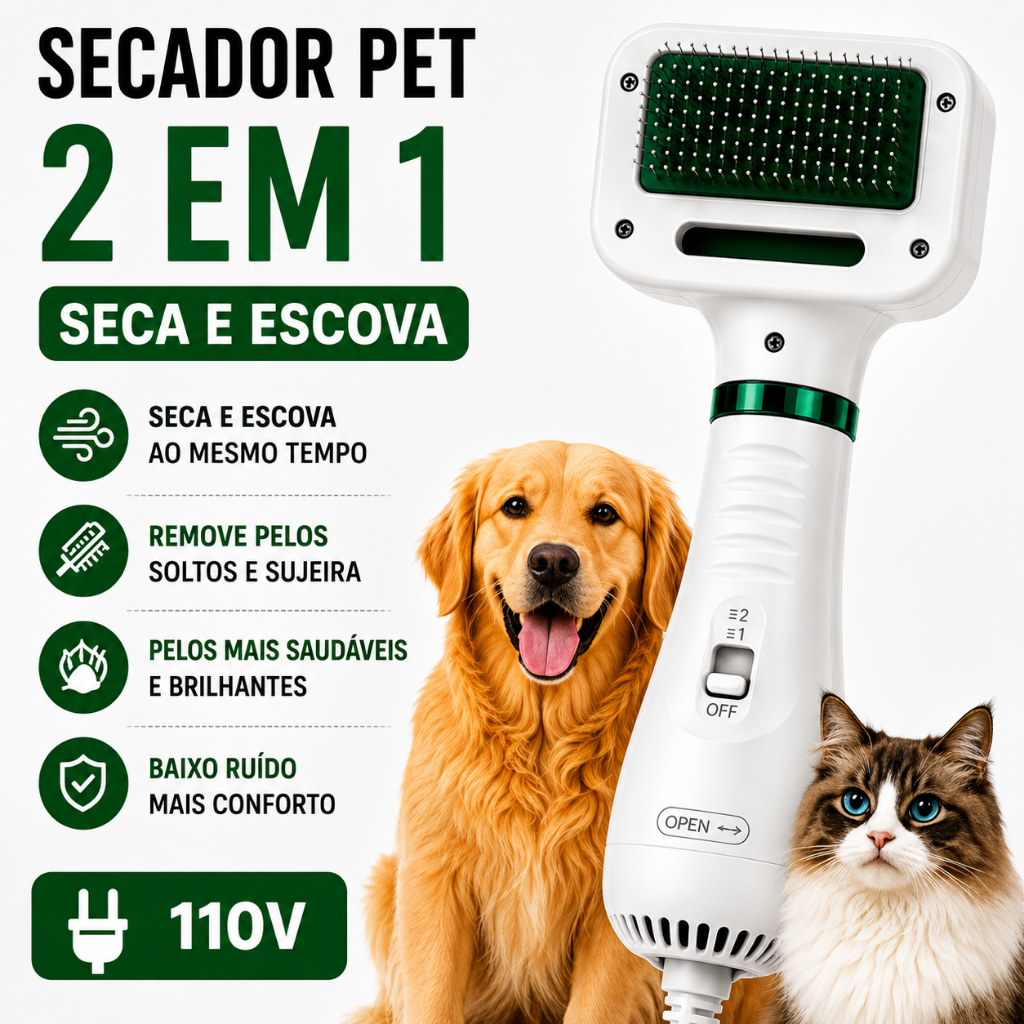 Secador e Escova Pet 2 em 1 Profissional para Cães e Gatos Banho e Tosa Portátil 110V