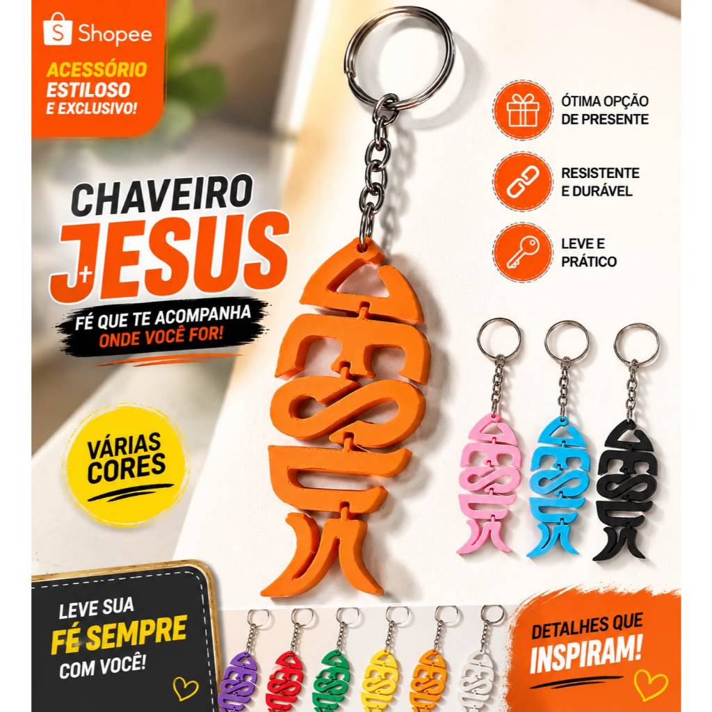 Kit Chaveiro JESUS - Lembrancinha Religiosa, Batizado, Crisma, Igreja, Célula, Impressão 3D