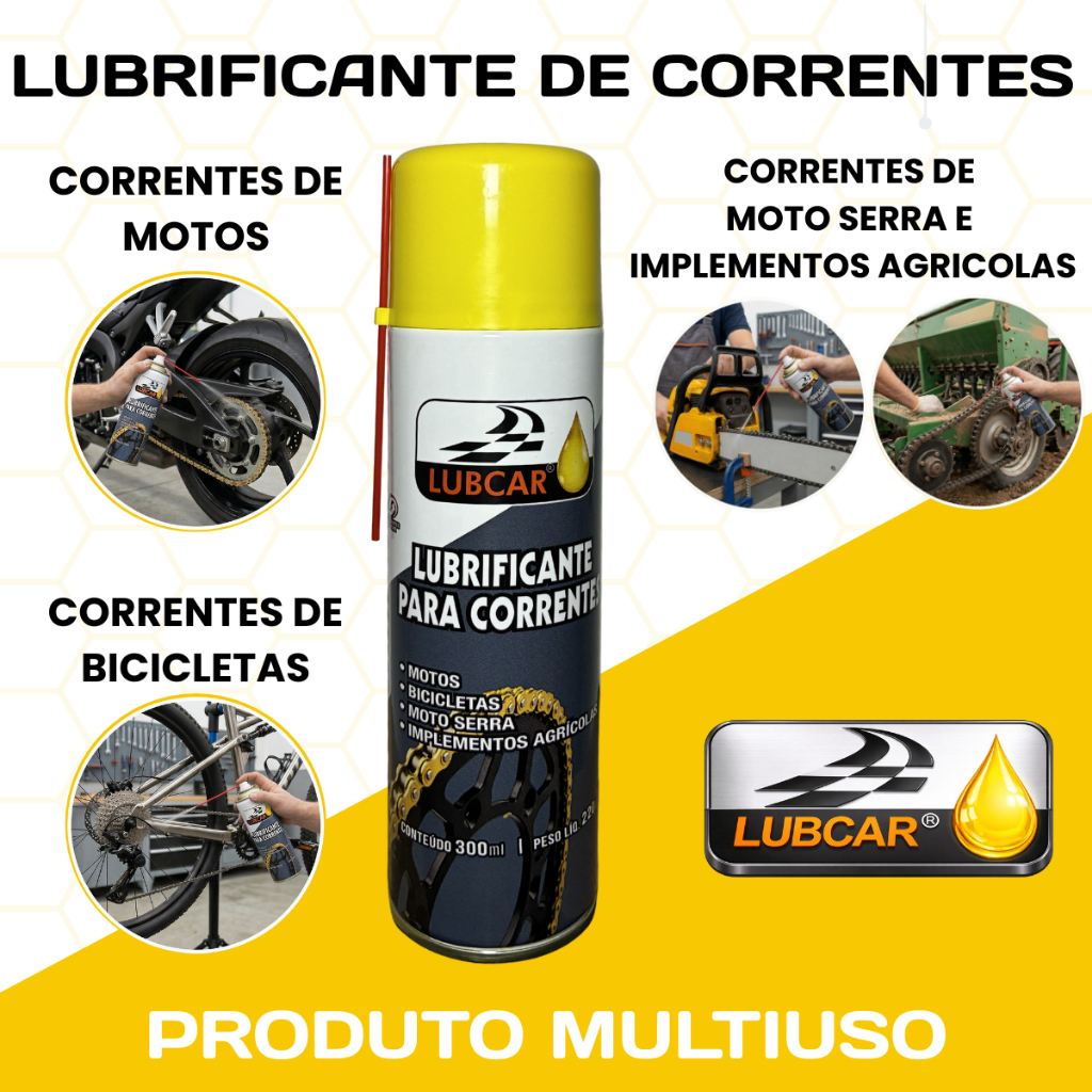 Lubrificante para Correntes Spray 300ml Lubcar – Moto Bicicleta Industrial Alta Aderência Reduz Desgaste