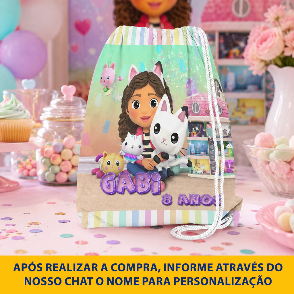 Mochilinha Sacolinha Mochila Saco Sacochila Saquinho Lembrancinha Brinde Aniversario Personalizadas Casa Mágica da Gabi