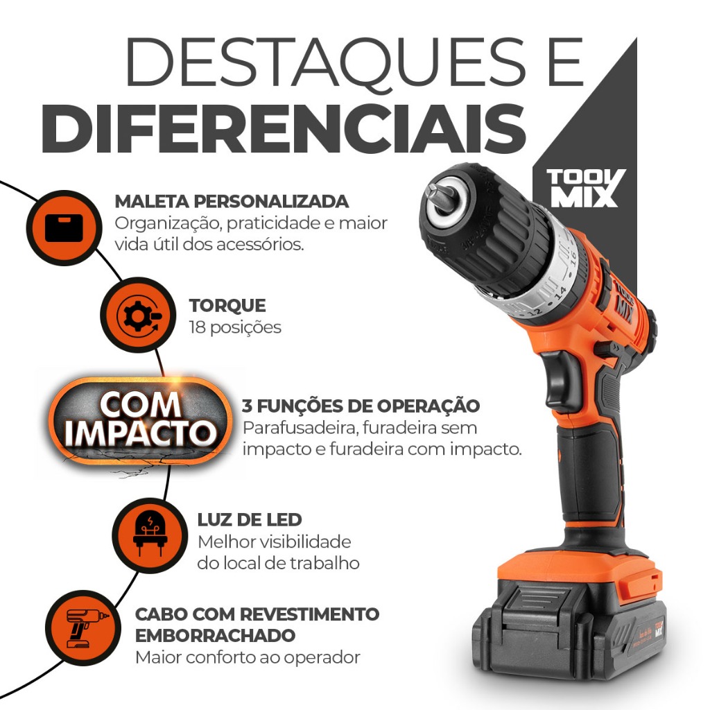 Parafusadeira Furadeira de Impacto 12V Toolmix PFT012I Bateria de Lítio Maleta Mandril 10mm