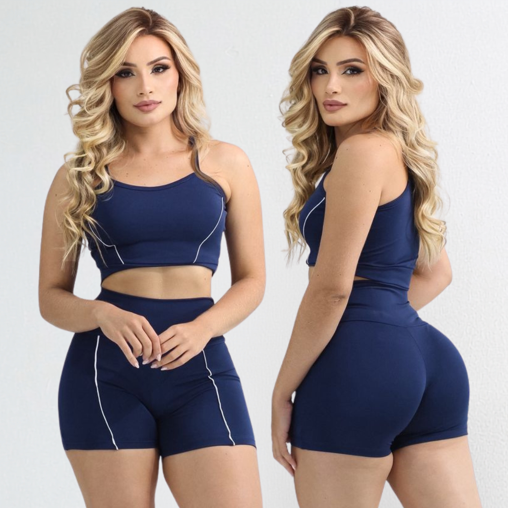 Conjunto Fitness Feminino Academia Com Friso Top Alcinha E Short Curto Cós Alto Modelador Suplex Premium Ginástica