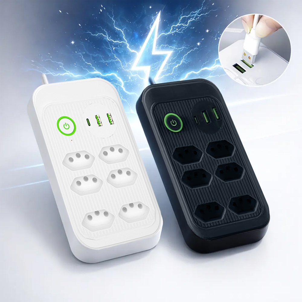 Régua Filtro de Linha com 6 Tomadas Extensão Elétrica 2 USB e 1 USB-C Bivolt 10A 110v/220v Cabo de 2 Metros