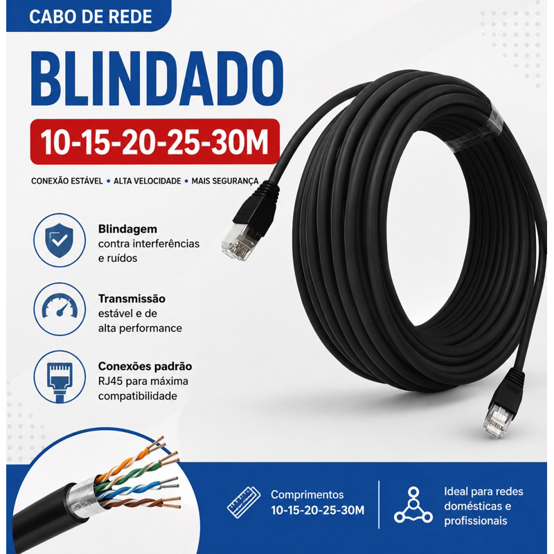 Cabo de Rede Externo Blindado RJ45 Preto – 10/15/20/25/30m Crimpado