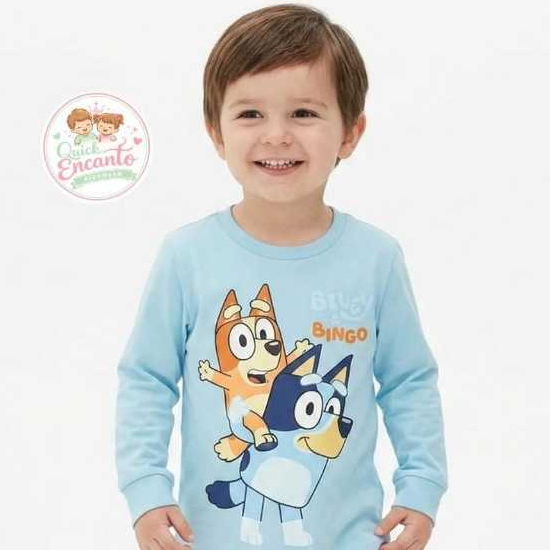 Camiseta Infantil Bluey & Bingo Manga Longa 100% Algodão Confortável