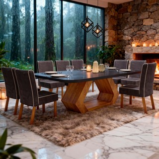 Sala de Jantar 220x110 Lottus MDF/Vidro 8 Cadeiras Bom Pastor