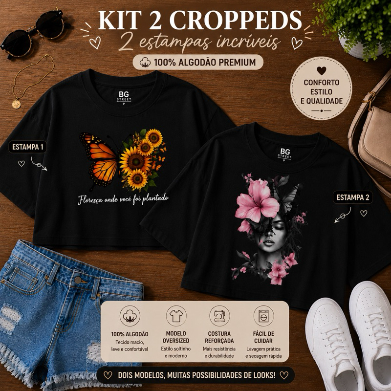 Kit 2 Blusas Cropped Femininas Oversized 100% Algodão Confortável Estampa Borboleta Delicado Estiloso Frete Grátis