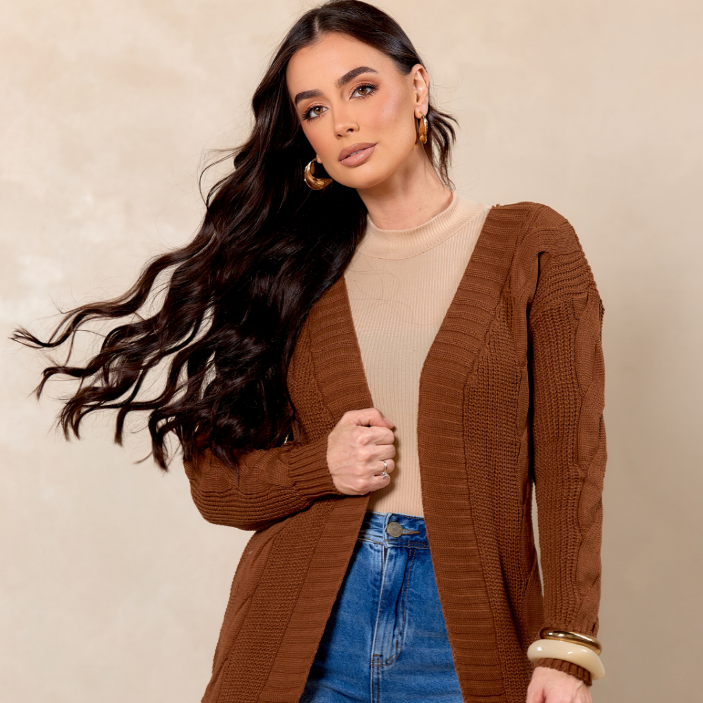 Casaco Inverno de Malha Tricot Tranças Kimono Manga Longa Cardigan Tricô Grosso Estiloso Elegante