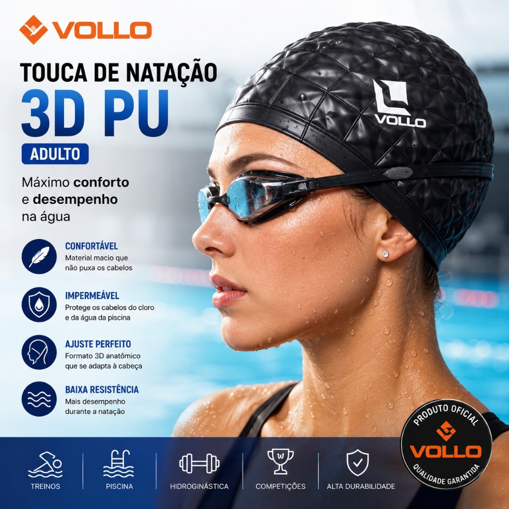 Touca de Natação Vollo PU 3D Adulto Impermeável Confortável Piscina Hidroginástica Treino
