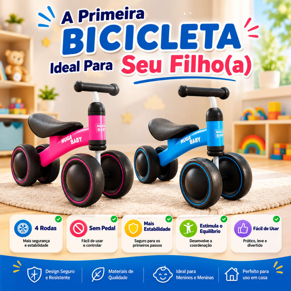 Bicicleta Infantil Sem Pedal 4 Rodas Bike de Equilíbrio Infantil para Bebê Menino Menina Educativa Azul ou Rosa