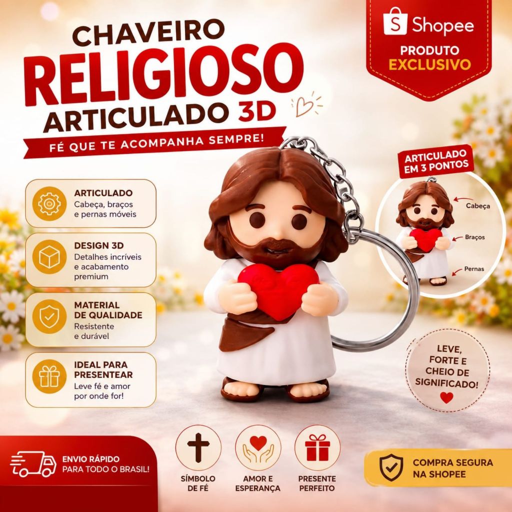 Chaveiro Jesus com Coração Vermelho 3D – Lembrancinha Religiosa Fofa Presente Criativo Católico