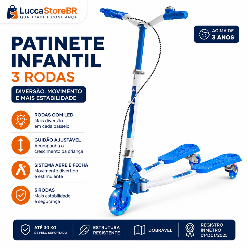 Patinete Infantil 3 Rodas Azul com LED Guidão Ajustável Sistema Abre e Fecha Dobrável até 30kg