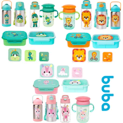 Kit Escolar Infantil Garrafa Copo Lancheira Potinhos Buba Zoo Creche Criança Bebê Lanche Pote Escola