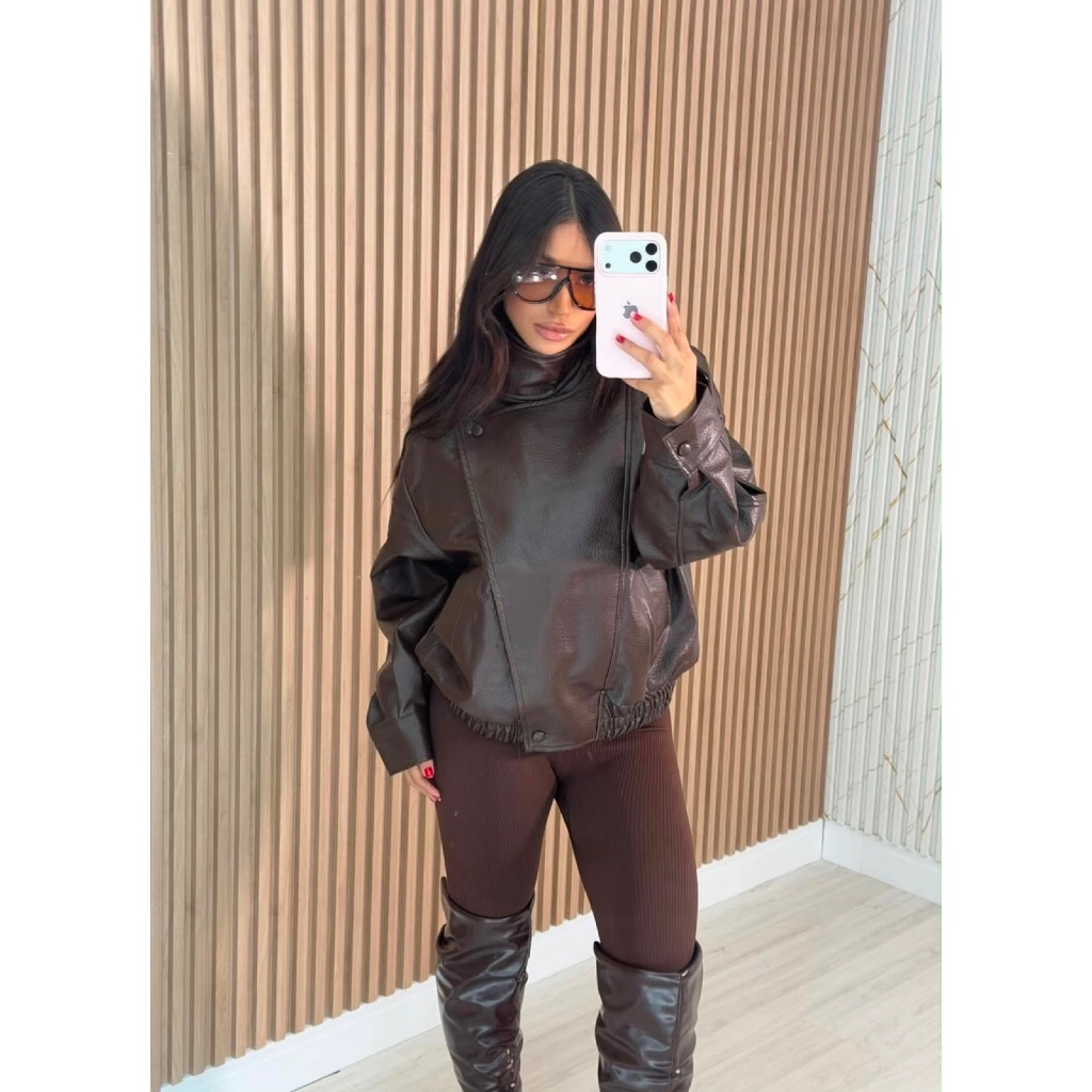 JQ OVERSIZED Jaqueta de Couro PU Larga Oversized Feminina Moda Gringa Quentinha Outono Inverno Casaco Moda Blogueira