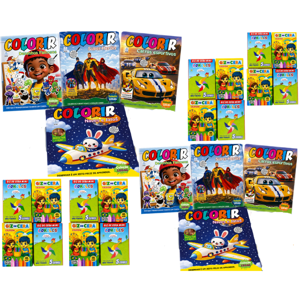 15 Revistinha de Colorir P/ MENINO + 15 Mini Giz de Cera 5 Cores Kit Festa Lembrancinha Aniversario