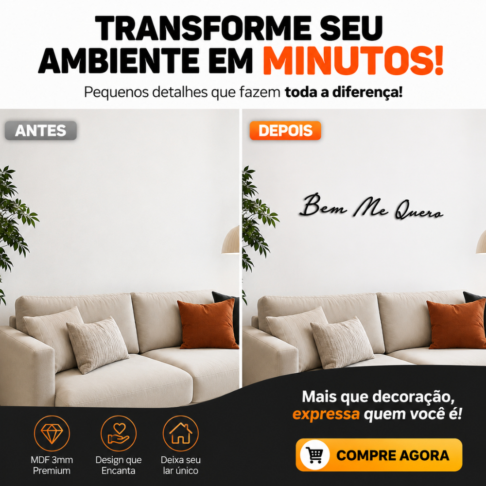 Frase de Parede Bem Me Quero Lettering MDF Preto Decorativo Casa Sala Quarto Ambiente Minimalista — imagem 2 de 2