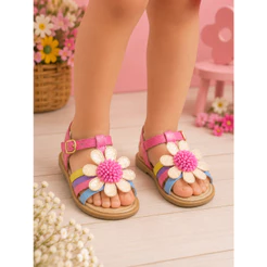 Sandália Menina Infantil Colorida Flor Feminina Confortável Elegante Antiderrapante