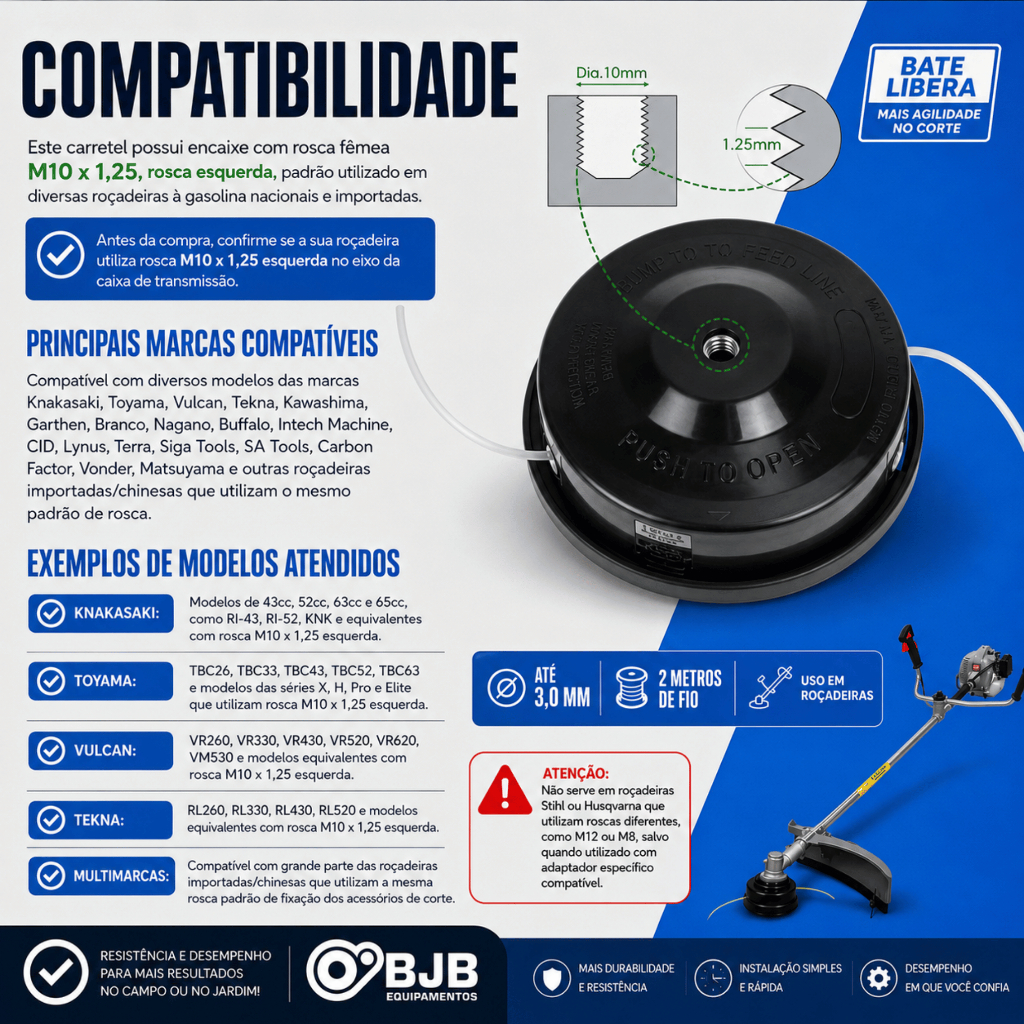 Carretel Automático Roçadeira Gasolina 2 Tempos Rosca M10 x 1.25mm Universal, Preto, Nylon Incluso, Aceita até 3mm BJB — imagem 2 de 2
