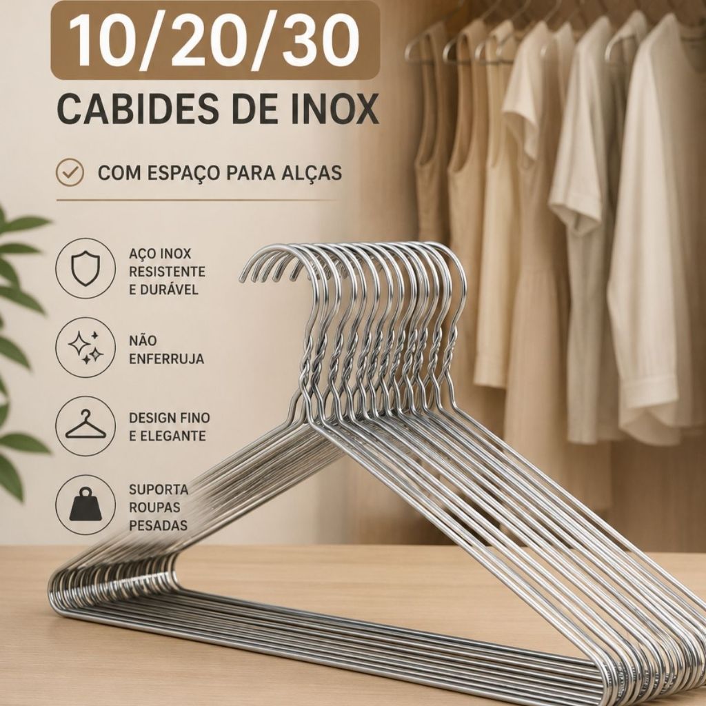 Conjunto Cabides de Inox Resistente Organizador Guarda Roupas Antiferrugem Multiuso Kit Cabide Metal