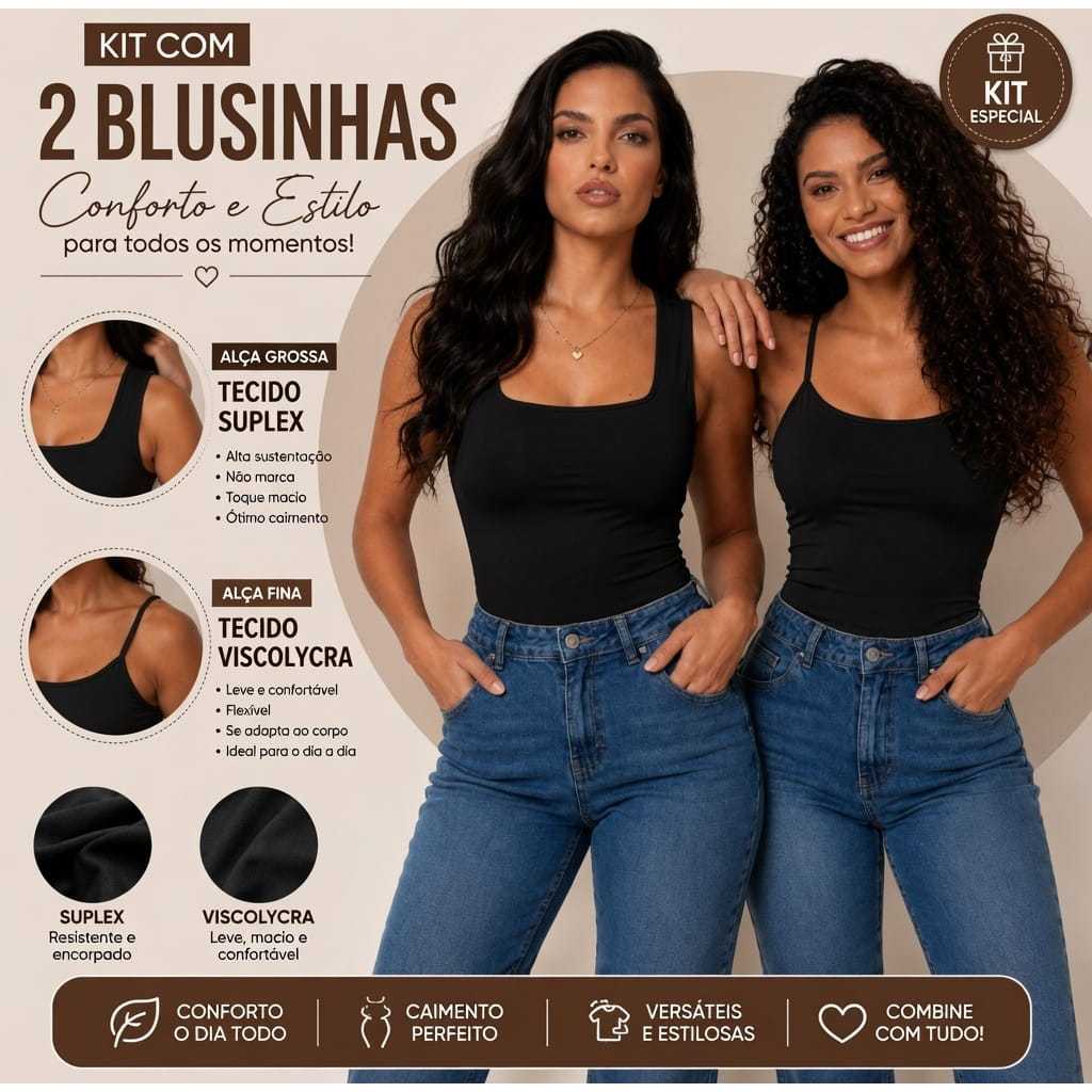 Kit 2 Blusinhas Básicas Feminina 1 Regata Decote Quadrado Tecido Suplex e 1 Regata Alça Fina Tecido Viscolycra