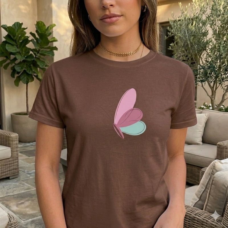 Blusa Modelo T-Shirt Borboleta Blusinha em Tecido Algodão Baby Look Leve Estilosa Manga Curta