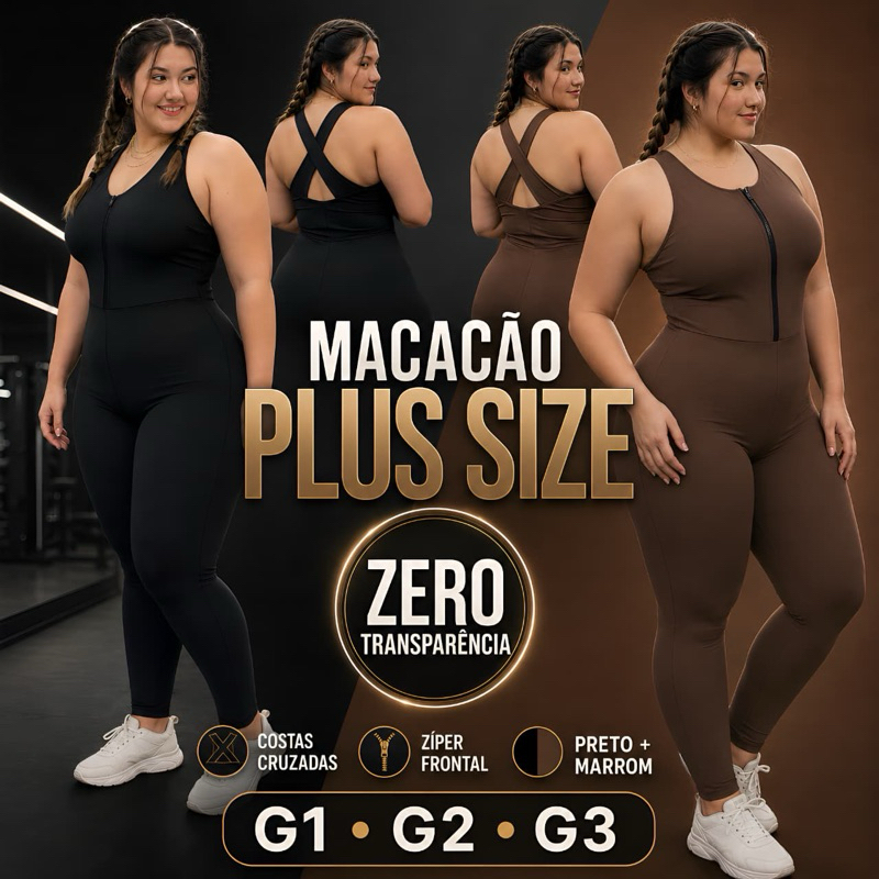 Macacão Fitness Plus Size Feminino Com Zíper G1 G2 G3 Alta Compressão Academia