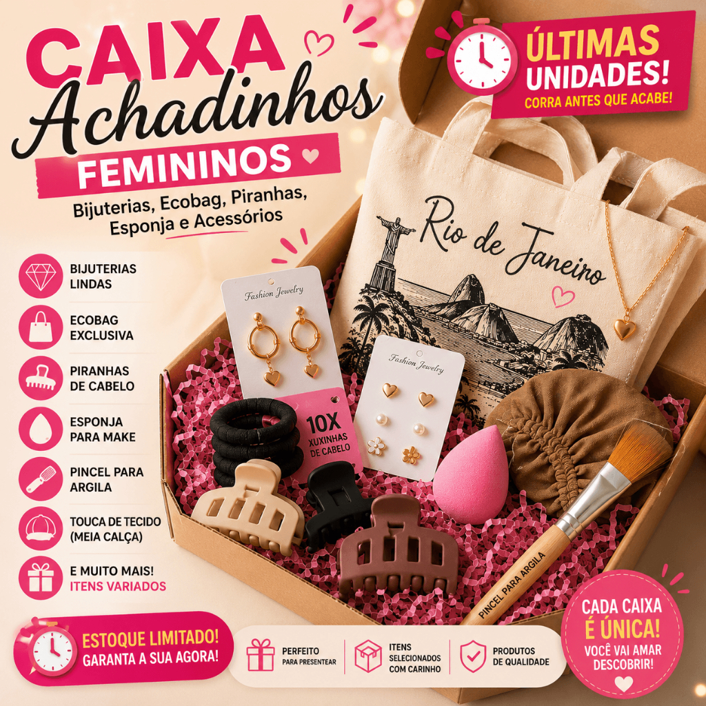 Caixa Achadinhos Femininos | Bijuterias, Ecobag, Piranhas, Esponja e Acessórios