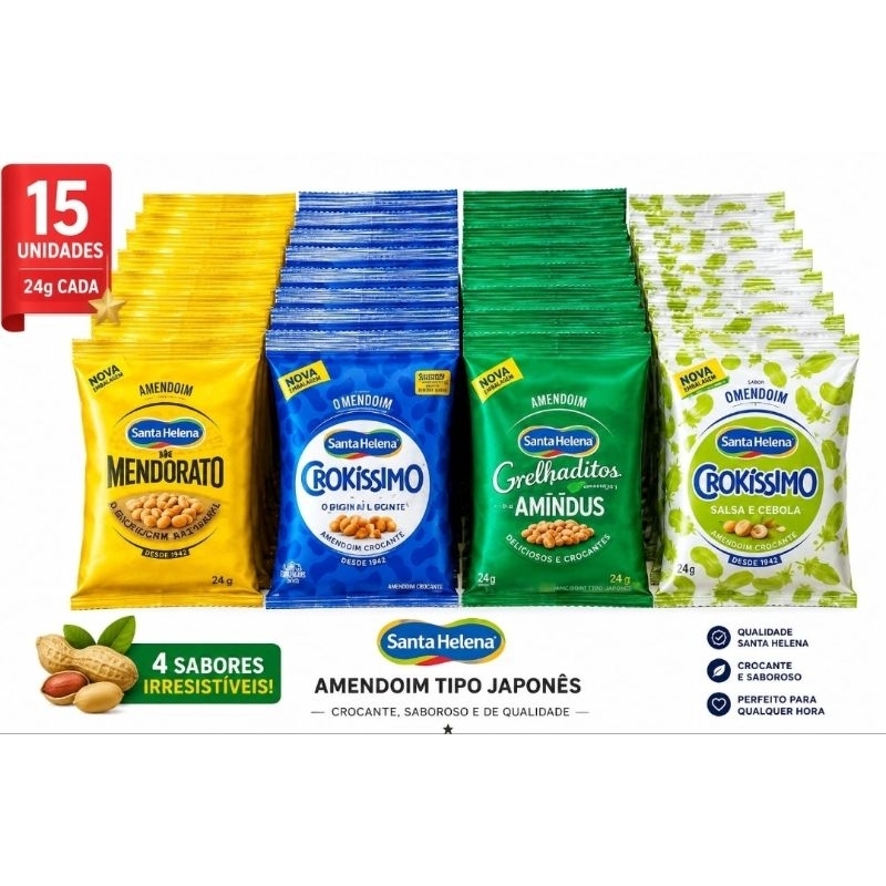 Kit 15 unidades Amendoim Santa Helena 24g - Mendorato, Grelhaditos,Crokissimo Original e Crokissimo Salsa e Cebola