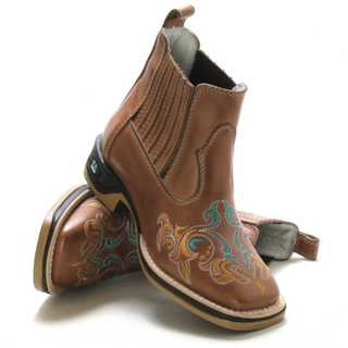 Botina Feminina Bota Country Texana Bico Quadrado Cano Curto Couro Bovino Bordada Cowgirl