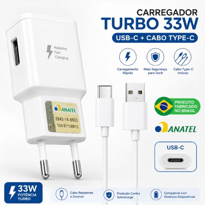 Carregador Turbo 33W USB-C Inteligente Bivolt c/ Cabo - Carga Rápida e Segura