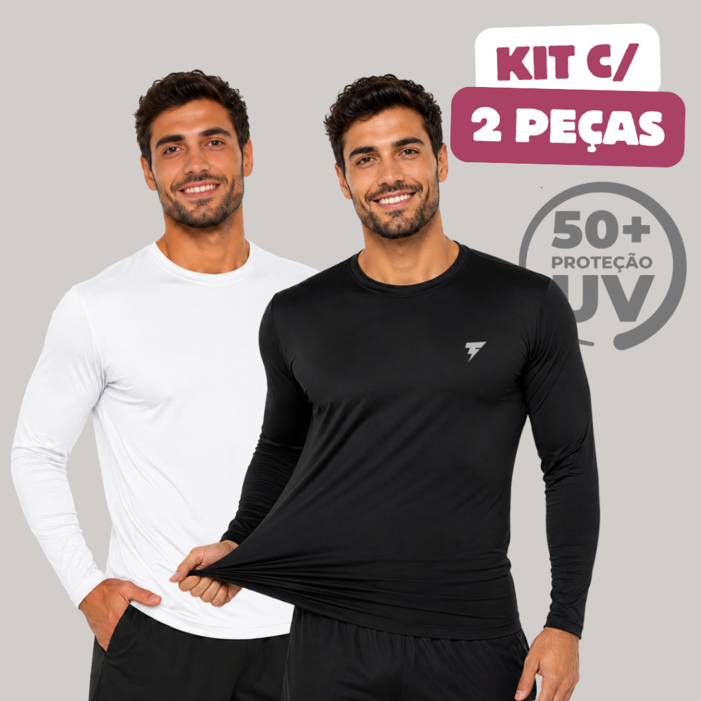 kit 2 Camisa UV Segunda Pele Manga Longa Dry Fit Termica Camiseta Malha Fria Proteção uV50+ Corrida Academia Ciclismo