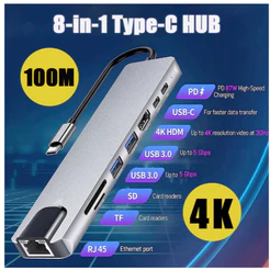 Adaptador 8 In 1 Hub To 2.0 3.0 HDMI 4K RJ45 Network SD TF Extension High Speed USB Type C H-1